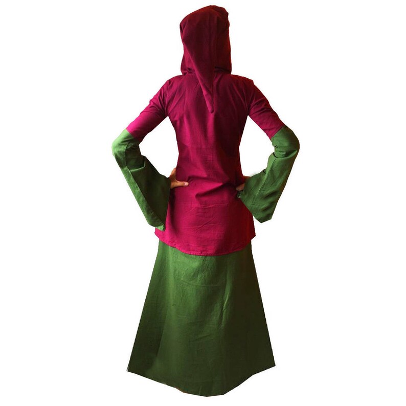 long green red medieval hood hooded maiden CORSET DRESS wicca pagan S M L XL