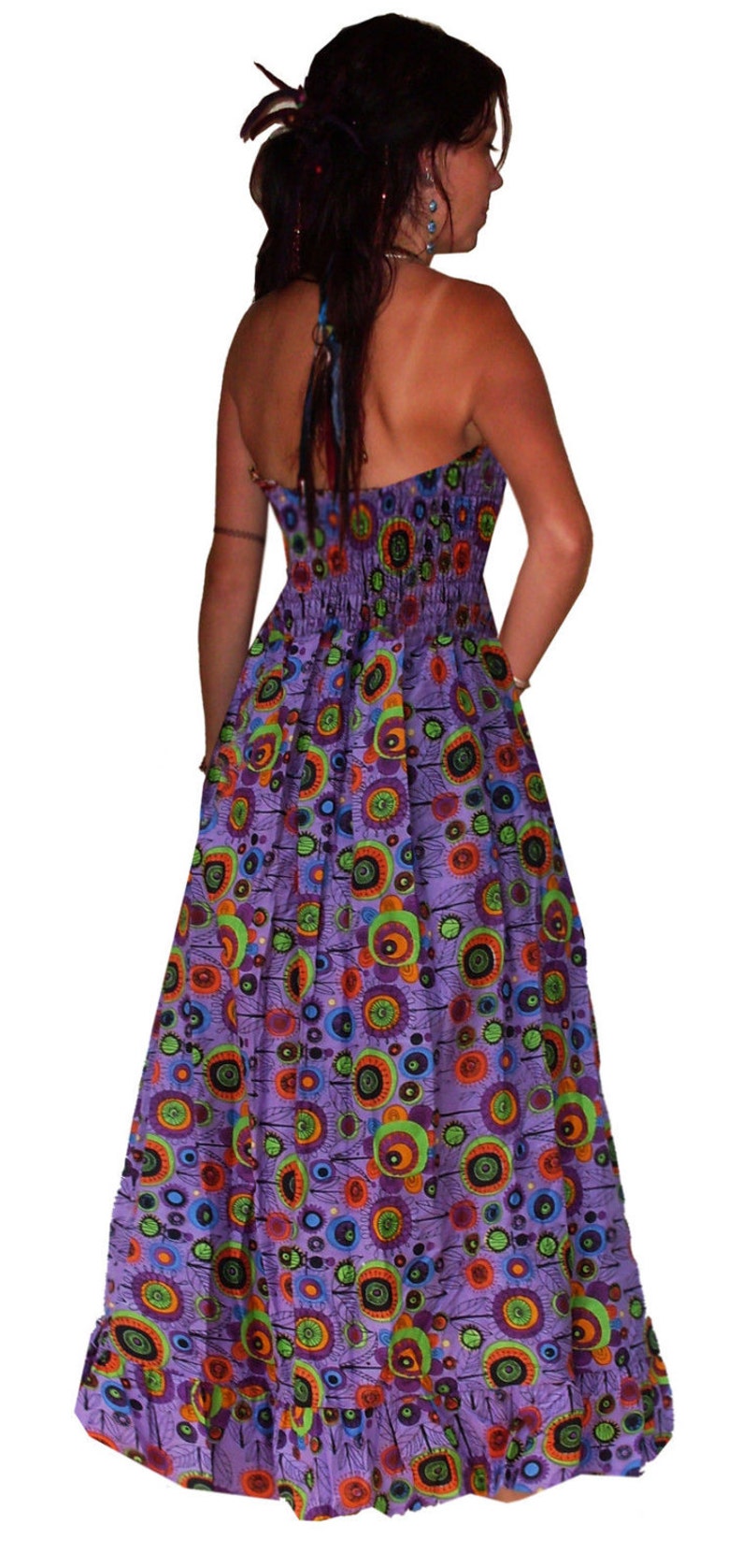 long purple green printed cotton MAXI PRINT DRESS S M 8 10 12 14 boho hippy fae