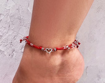 Silver Love Heart Anklet for Women, Romantic Summer Birthday Gift Heart Charm Anklet for Girlfriend, Ankle Bracelet Women, Beaded Anklet