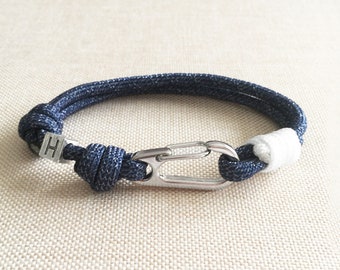 Marine Blue & White Carabiner Paracord Bracelet, Personalised Gift, Climbing Bracelet, Strong Paracord Carabiner Bracelet, Initial Jewellery