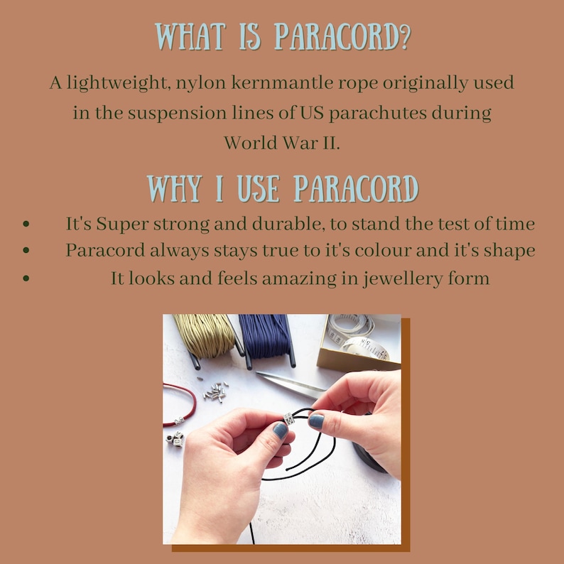K&ouml;nnte beinhalten: Bild mit Text: "WAS IST PARACORD?" und "WARUM ICH PARACORD VERWENDE". Das Bild zeigt eine Person, die mit schwarzem Paracord arbeitet, mit Spulen aus gr&uuml;nem und blauem Paracord und Schmuckherstellungszubeh&ouml;r.