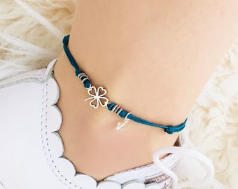 Silver Four Leaf Clover Anklet for Women, Shamrock Anklet with Crystal, Lucky Charm Anklet, Cord Ankle Bracelet for Women, Silver Anklet UK