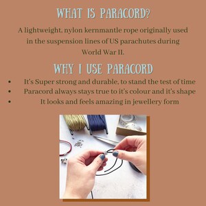 May include: Image showing text about paracord, a lightweight nylon rope used in parachutes. The image also shows spools of colored paracord, jewelry findings, and hands working with black paracord.