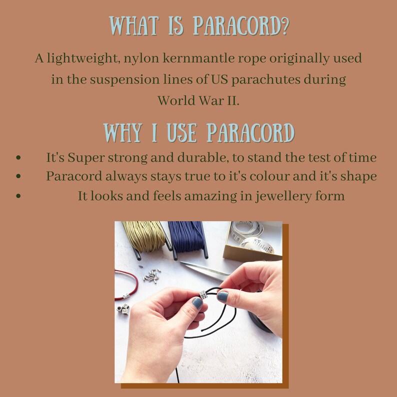 May include: Image showing text about paracord, a lightweight nylon rope used in parachutes. The image also shows spools of colored paracord, jewelry findings, and hands working with black paracord.