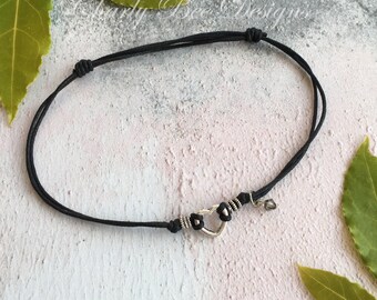 Silver Open Heart Anklet for Women, Black Anklet, Anklet with Crystal, Charm Anklet, Ankle Bracelet for Women, Silver Anklet, Cord Anklet