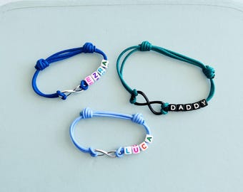 Set of 3 Dad & Me Name Bracelets, Custom Name Bracelets with Black Infinity Symbol, Bracelet Set for Family, Dad Son Daughter Bracelet Set