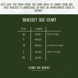May include: A dark green chart with white text detailing bracelet sizes. The chart includes sizes XS to XL, with corresponding lengths in centimeters and average wrist sizes for kids, women, and men. The text at the top says, "LET'S SAVE YOU FROM GIVING THE GAME AWAY..."