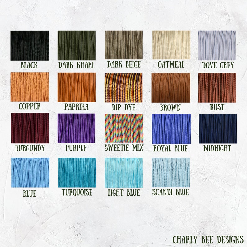 May include: A color chart featuring various paracord colors, including black, dark khaki, copper, paprika, burgundy, purple, blue, and turquoise. Other colors include dark beige, oatmeal, dip dye, brown, sweetie mix, royal blue, light blue, and scandi blue. The text "Charly Bee Designs" is at the bottom.