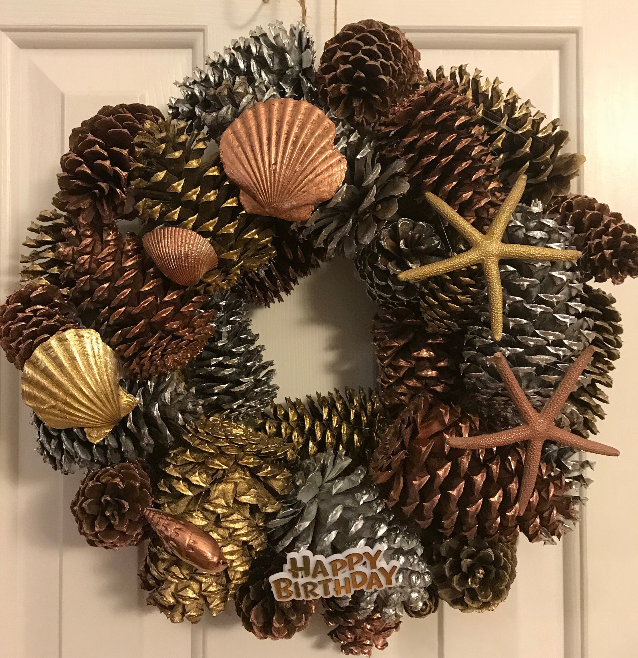 Pine Cone Wreath, Birthday Pine Cone Wreath, Seashell Pine Cone Wreath
