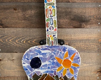 Mosaic Guitar, Handmade Mosaic Acoustic Guitar, North Carolina Scene Mosaic Guitar, Farm Mosaic, Mountain Mosaic