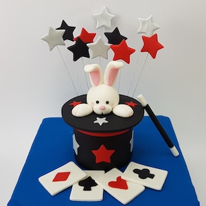 Pacote de cartões para topo de bolo de chapéu mágico, varinha, estrelas, mágico, coelho de Vegas, festa de aniversário, clubes, diamantes, corações, espadas, decorações artesanais de açúcar 3D
