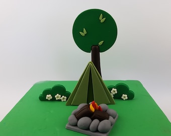 Adorno para tarta de camping Adorno comestible para tarta de camping Adorno para tarta de campamento de verano Adorno para tarta de tienda de campaña para vacaciones Adorno para tarta de autocaravana Fogata