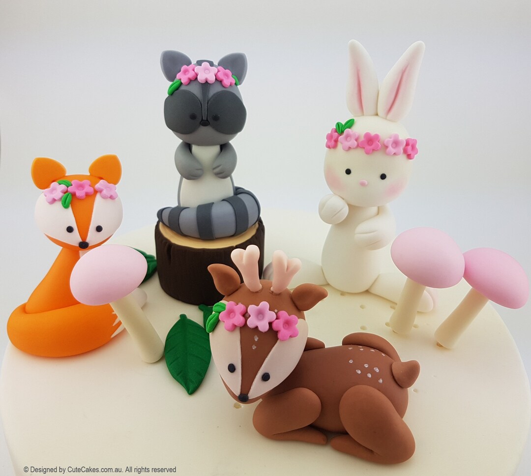 Woodland Animal Cake Topper Set, Bunny, Deer, Fox and Racoon Floral - Etsy