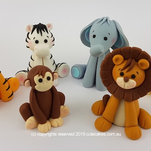 Jungle Animal Cake Toppers, Wild One, Sugar Craft Decorations Lion Zebra Elephant Giraffe Fondant Figurines 3D Birthday Baby Shower Zoo