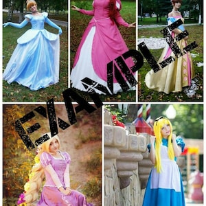 May include: A collage of five images featuring women dressed as different Disney princesses. The princesses are Cinderella, Ariel, Belle, Rapunzel, and Alice. Each princess is wearing a different dress and is posed in a different setting.