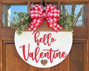 Hello Valentine Door Hanger: 3D Wooden Sign, Front Door Decor