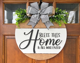 Bless This Home Wooden Door Wreath: Farmhouse Style Sign