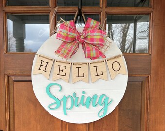 Hello Spring Wooden Door Hanger: 3D Maple Shiplap Sign