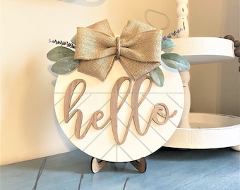 Hello Sign: Walnut Wood Entry Table Decor with Stand