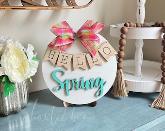Hello Spring Sign: Laser Cut Walnut Wood Decor