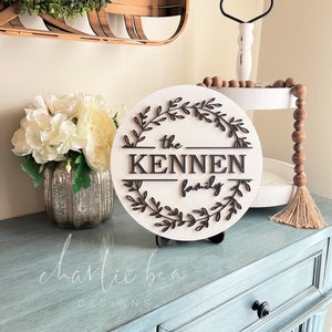 Puede incluir: Un letrero redondo de madera blanca con una corona negra y el texto "the KENNEN family" en letras negras.