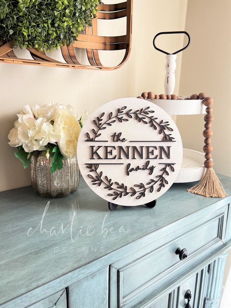 Puede incluir: Un letrero redondo de madera blanca con una corona negra y el texto "the KENNEN family" en letras negras.