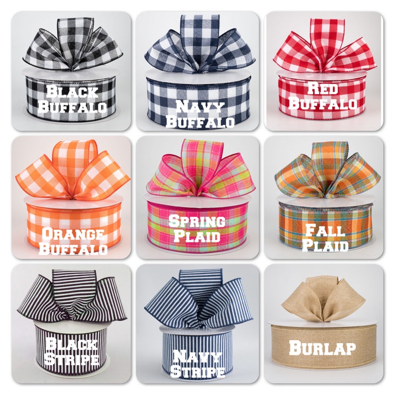 K&ouml;nnte beinhalten: Neun Rollen Band in verschiedenen Farben und Mustern, darunter schwarz-wei&szlig;es Buffalo-Karomuster, marineblaues Buffalo-Karomuster, rotes Buffalo-Karomuster, orangefarbenes Buffalo-Karomuster, Fr&uuml;hlings-Karomuster, Herbst-Karomuster, schwarzer Streifen, marineblauer Streifen und Sackleinen.