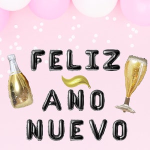 May include: A festive New Year's image with pink and white balloons, confetti, and foil balloons spelling "FELIZ ANO NUEVO". Includes a champagne bottle and a champagne flute, both in gold.