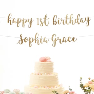 Happy 1st birthday banner custom banner first birthday banner birthday decoration gold happy birthday banner girl personalized banner