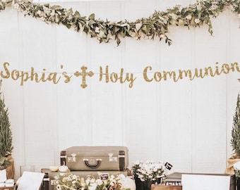 Holy communion banner first communion custom banner personalized communion banner communion decor communion gold banner god bless banner
