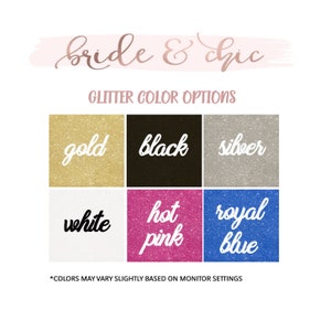 May include: A chart showing glitter color options for a craft project. The colors are gold, black, silver, white, hot pink, and royal blue.