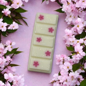 May include: A light green wax melt bar with five sections, each decorated with a pink flower. The bar is surrounded by pink flowers and green leaves on a pink background. The wax melt bar has a glittery appearance.
