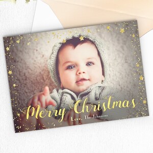 Afdrukbare kerstfotokaart, gepersonaliseerde kerstkaart met foto, vrolijke kerstkaart, familievakantiekaart, modern, gouden glitter