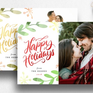 Foto kerstkaart, gepersonaliseerde kerstkaart, happy holidays, vakantie fotokaart, botanische aquarel, moderne handlettering