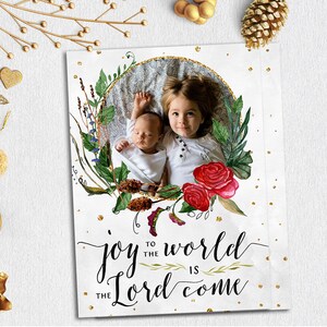 Afdrukbare kerstfoto kaart vreugde aan de wereld, gepersonaliseerde kerstkaart met foto, familie vakantiekaart, florale botanische aquarel