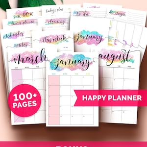 May include: A set of printable planner pages with colorful watercolor backgrounds and text that says "Just Do It", "Dinner Planner", "Wednesday", "Notes", "Today's Plan", "Cleaning", "To Do", "Do Magic", "This Week", "January", "March", "January", "August", "100+ Pages", "Happy Planner", and "Bonus: You Get All Future Updates For Free".