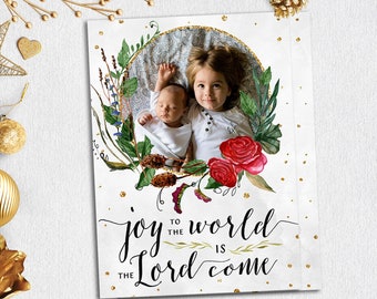 Printable Christmas Photo Card Joy to the world, Personalized Christmas Card with Photo, Family Holiday Card, Floral Botanical Watercolor