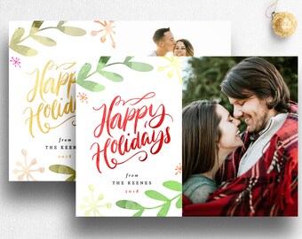 Photo Christmas Card, Personalized Christmas Card, Happy Holidays, Holiday Photo Card, Botanical Watercolor, Modern Handlettering