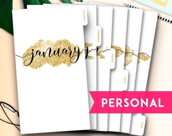 Personal Dividers Monthly Tabs, Planner Dividers, Agenda Dividers, Filofax Personal Divider Tabs, Gold Dividers