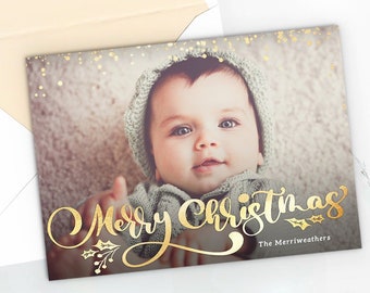 Printable Christmas Photo Card, Personalized Christmas Card with Photo, Merry Christmas Card, Family Holiday Card, Modern, Gold Glitter