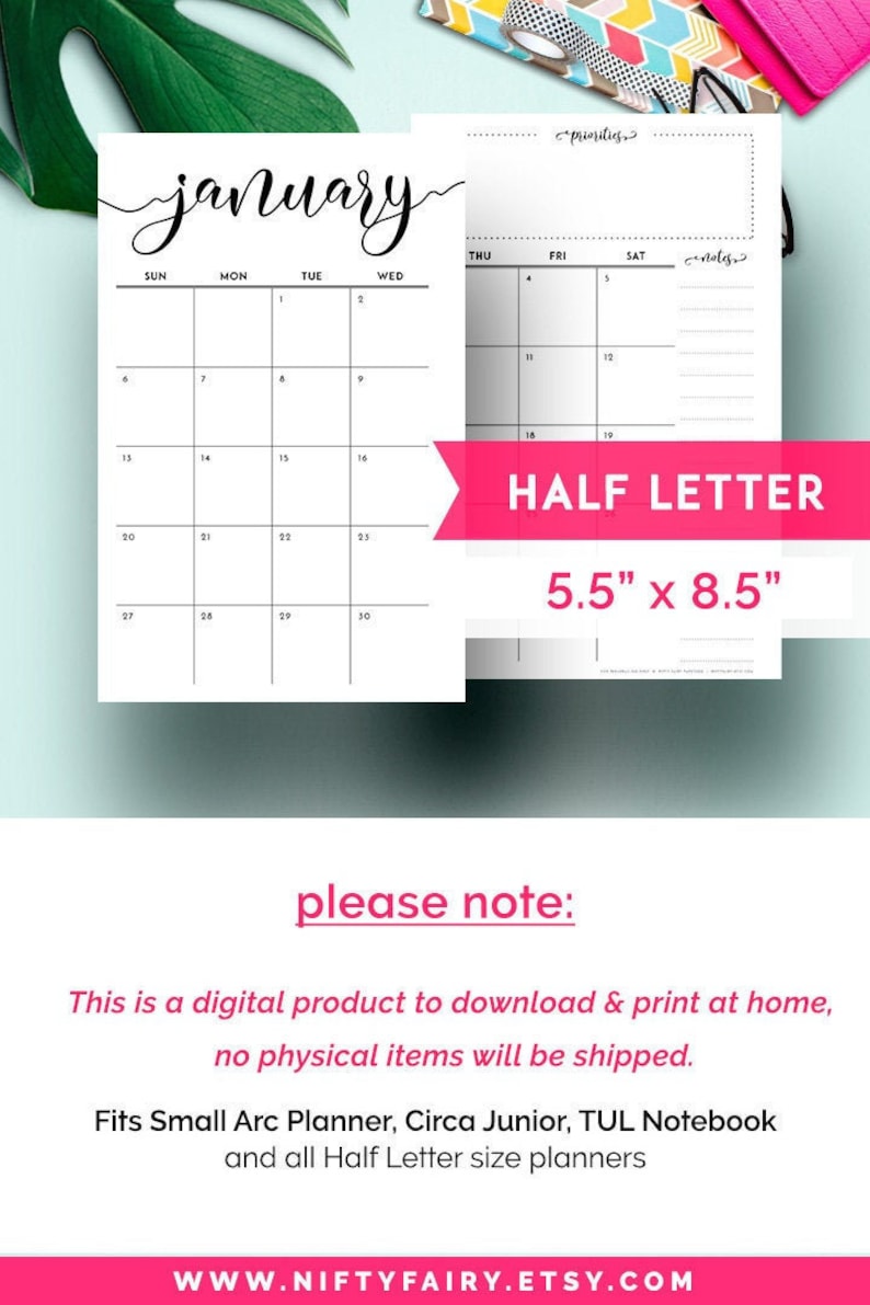 Arc Planner Inserts Monthly Calendar 2020 Half Size Printable Etsy