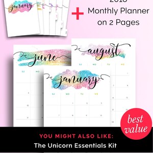 May include: A set of 12 printable monthly planner pages for the year 2018. Each page features a colorful watercolor background with glitter accents and the month's name in a decorative script font. The pages are designed for use with a standard planner or binder.