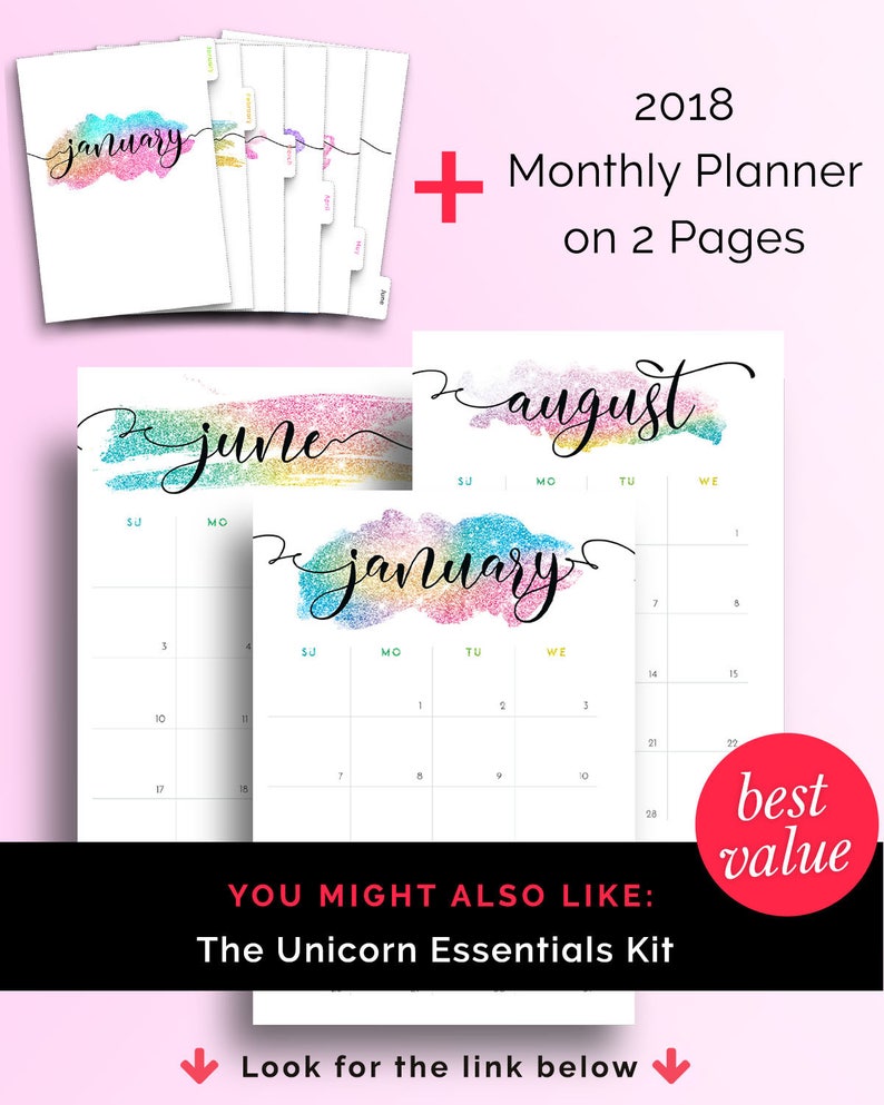 May include: A set of 12 printable monthly planner pages for the year 2018. Each page features a colorful watercolor background with glitter accents and the month's name in a decorative script font. The pages are designed for use with a standard planner or binder.