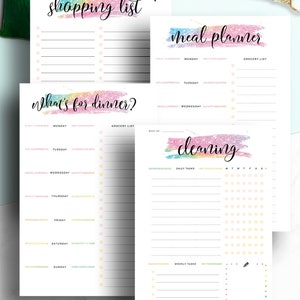 May include: Eight printable pages of home organizers with rainbow glitter accents. The pages include a shopping list, meal planner, and cleaning checklist.