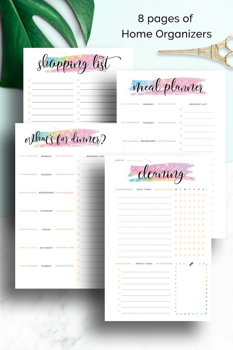 May include: Eight printable pages of home organizers with rainbow glitter accents. The pages include a shopping list, meal planner, and cleaning checklist.