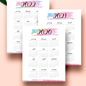 May include: Three printable calendars for the years 2020, 2021, and 2022. Each calendar features a colorful watercolor design with a rainbow gradient.
