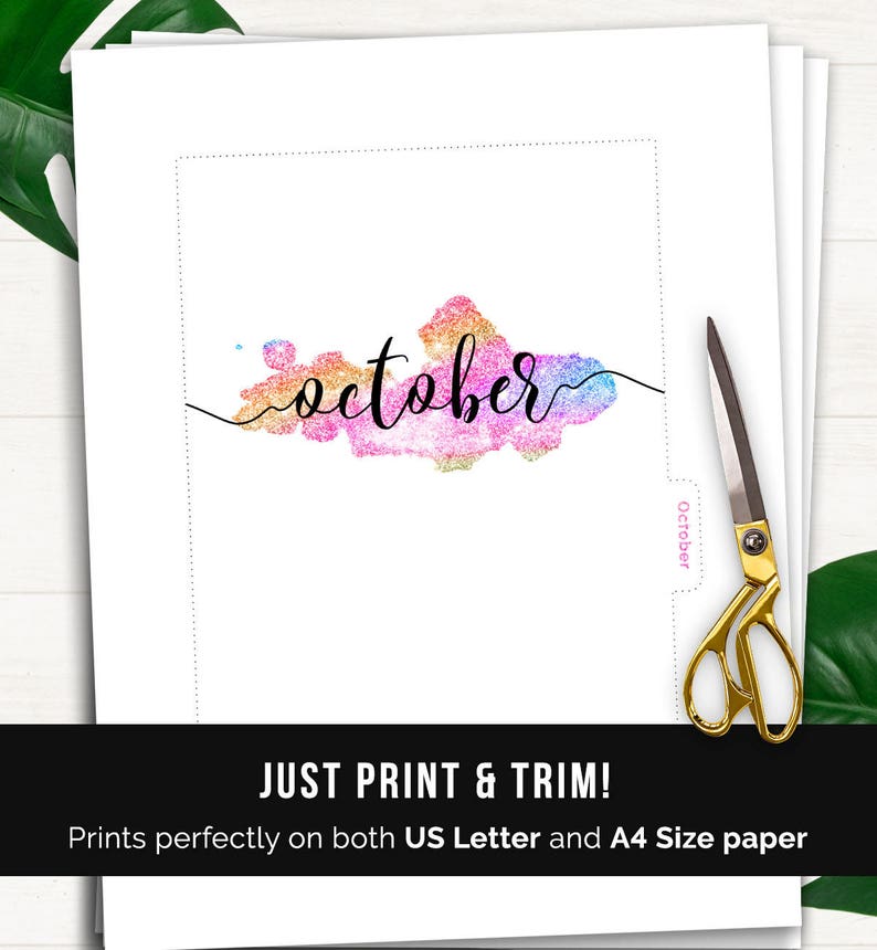 May include: Printable October calendar page with a watercolor-style design featuring a rainbow glitter effect and the word "october" in black script.