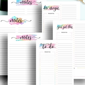 May include: A set of 32 printable pages with colorful watercolor backgrounds. Each page has a different title, such as "notes", "to do", "do magic", and "you got this". The pages are designed for note-taking, list-making, and planning.
