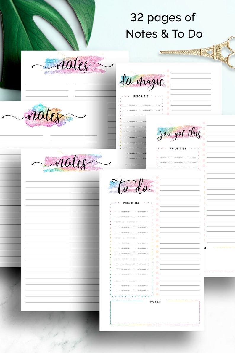 May include: A set of 32 printable pages with colorful watercolor backgrounds. Each page has a different title, such as "notes", "to do", "do magic", and "you got this". The pages are designed for note-taking, list-making, and planning.