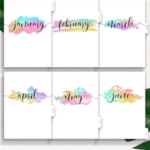 May include: Six colorful monthly divider tabs for a planner or notebook. Each tab features a watercolor-style background with glitter accents and the month's name in black script. The months are January, February, March, April, May, and June.